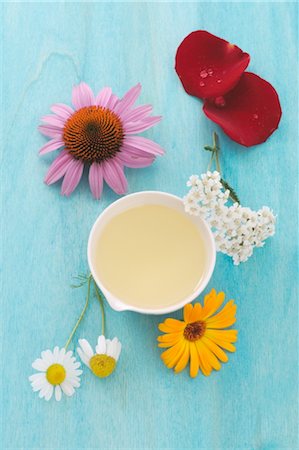 petals top view - Different healing plants and eucalyptus oil Stock Photo - Premium Royalty-Free, Code: 689-03733550