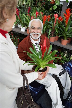 Senior woman showing potted flower to elderly man in garden center Stock Photo - Premium Royalty-Free, Code: 694-03327343