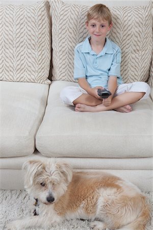 dog living in a house - Boy sits on sofa with pet dog watching television Stock Photo - Premium Royalty-Free, Code: 694-03557943