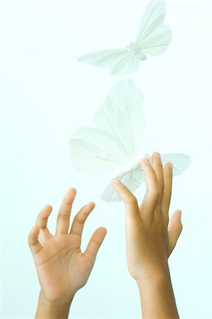 Child's hands reaching to touch butterflies, cropped view Stock Photo - Premium Royalty-Free, Code: 695-05767835