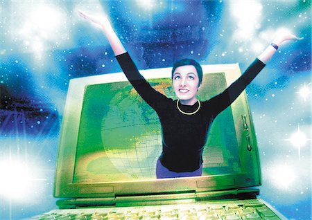 Young woman emerging from computer monitor, digital composite. Stock Photo - Premium Royalty-Free, Code: 695-05775003
