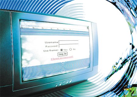 security screens - Computer in cyberspace, "LOG IN" message on screen, digital composite. Foto de stock - Sin royalties Premium, Código: 695-05775020