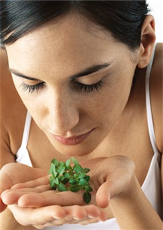 simsearch:695-05777392,k - Woman holding sprig of basil in palms, eyes lowered, close-up Foto de stock - Sin royalties Premium, Código: 695-05777374