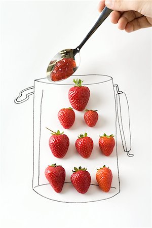 simsearch:695-03390179,k - Hand holding spoonful of jam over strawberries in drawing of jar Foto de stock - Sin royalties Premium, Código: 695-05779497