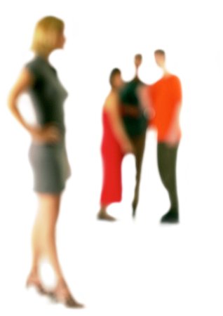 friends silhouette group - Silhouette of woman standing apart from group of people, on white background, defocused Stock Photo - Premium Royalty-Free, Code: 695-05773507