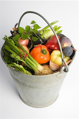 red bell pepper above - Bucket filled with assorted fresh vegetables Stock Photo - Premium Royalty-Free, Code: 695-05780094