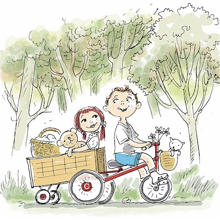 people playing with cats - Boy on bike pulling girl in wagon Stock Photo - Premium Royalty-Free, Code: 695-05780401