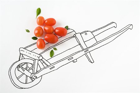 Real cherry tomatoes on drawing of wheelbarrow Stock Photo - Premium Royalty-Free, Code: 695-03379243