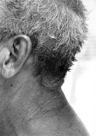 five senses aging - Mature man's head and neck, partial view, side view, b&w. Stock Photo - Premium Royalty-Free, Code: 695-03385866