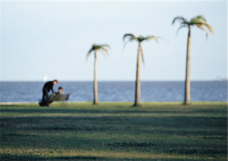 people walking in the distance - Two people sitting together on park bench, three palm trees by ocean, blurred Stock Photo - Premium Royalty-Free, Code: 695-03387508