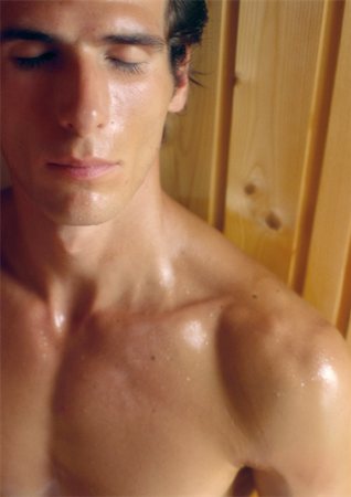 simsearch:614-02739503,k - Bare-chested man in sauna with eyes closed, close-up Stock Photo - Premium Royalty-Free, Code: 695-03382052