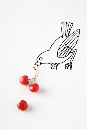 Ripe cherries and drawing of bird Stock Photo - Premium Royalty-Free, Code: 695-03390154