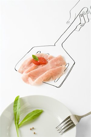 Prosciutto and tomato on drawing of spatula Stock Photo - Premium Royalty-Free, Code: 695-03390155