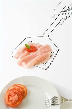 serving appetizers - Prosciutto and tomato on drawing of spatula Stock Photo - Premium Royalty-Free, Code: 695-03390167