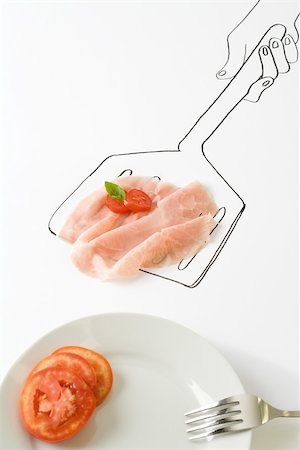 spatula - Prosciutto and tomato on drawing of spatula Stock Photo - Premium Royalty-Free, Code: 695-03390167