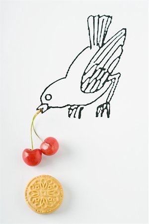 Bird with cherries and cookie Foto de stock - Sin royalties Premium, Código: 695-03390172