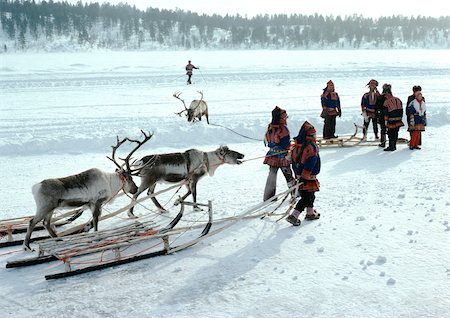 simsearch:700-00025931,k - Finland, Saami with sleds and reindeer in snow Fotografie stock - Premium Royalty-Free, Codice: 696-03397204