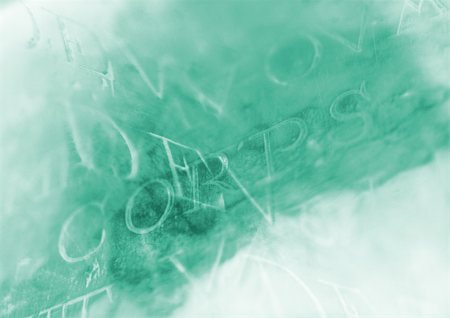 engraved - Latin words engraved on green background, composite, close-up Stock Photo - Premium Royalty-Free, Code: 696-03399591