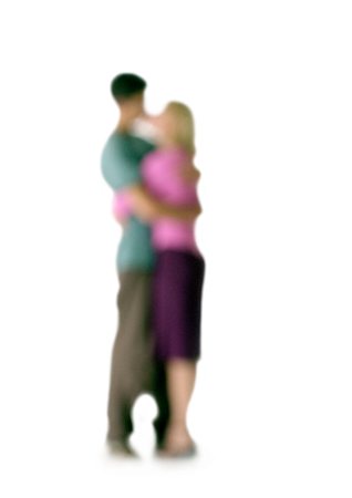 simsearch:632-01150072,k - Silhouette of couple hugging and kissing, on white background, defocused Stock Photo - Premium Royalty-Free, Code: 696-03399895