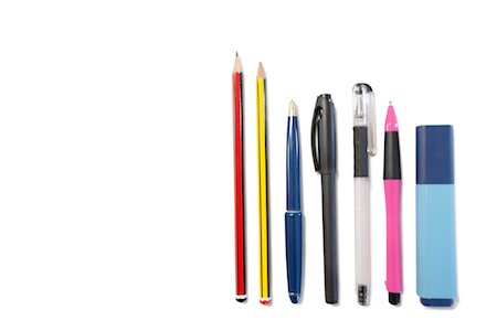 pen (writing instrument) - Pencil, ballpoint pen and highlighter pen on white background Stock Photo - Premium Royalty-Free, Code: 693-05794497
