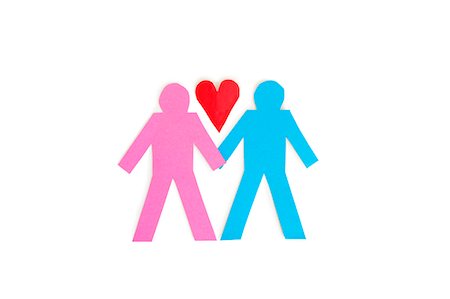 figura adesiva - Two stick figures holding hands with a red paper heart over white background Foto de stock - Royalty Free Premium, Número: 693-06324334