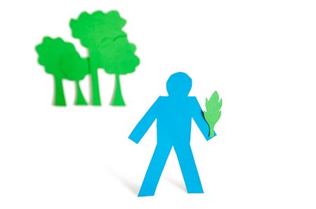 stick figures - A blue stick figure holding a leaf representing concept of nature perseverance over white background Stock Photo - Premium Royalty-Free, Code: 693-06324346