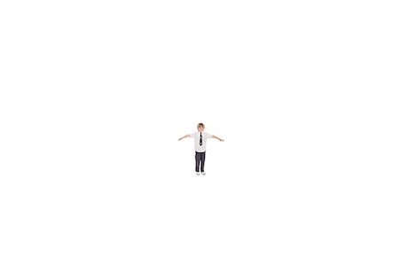 simsearch:693-06324793,k - Elementary boy standing at distance with arms outstretched over white background Fotografie stock - Premium Royalty-Free, Codice: 693-06324776