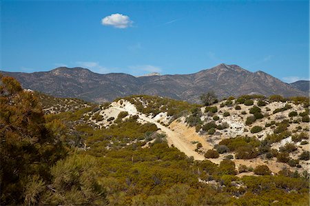 scrub country - Dirt road with background view of desert mountains Stock Photo - Premium Royalty-Free, Code: 693-06667808