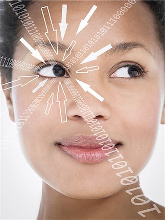 simsearch:693-06324089,k - Close-up of smiling businesswoman with binary digits and arrow signs moving towards her eye against white background Foto de stock - Sin royalties Premium, Código: 693-07673290