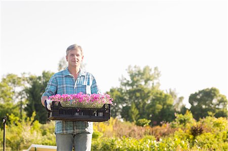simsearch:693-07912856,k - Portrait of gardener carrying crate with flower pots in garden Stock Photo - Premium Royalty-Free, Code: 693-07912839