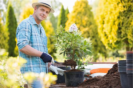 simsearch:6105-07521417,k - Portrait of confident man planting pot at garden Foto de stock - Royalty Free Premium, Número: 693-07912852
