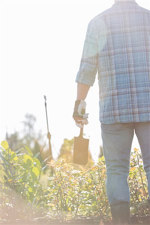 Rear view of gardener holding shovel at plant nursery Stock Photo - Premium Royalty-Free, Code: 693-07912880