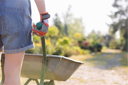 simsearch:693-07912926,k - Midsection rear view of female gardener pushing wheelbarrow at plant nursery Stockbilder - Premium RF Lizenzfrei, Bildnummer: 693-07912883