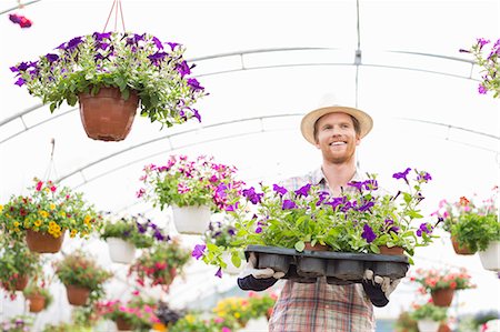 simsearch:693-07912855,k - Happy gardener holding flower pots in crate at greenhouse Stock Photo - Premium Royalty-Free, Code: 693-07912911