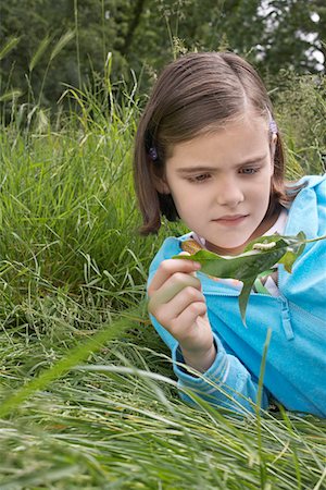 Girl (7-9) examining caterpillar on leaf in field Stock Photo - Premium Royalty-Free, Code: 693-03306956