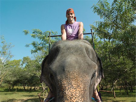 Portrait of young man riding elephant, smiling, trees in background Stock Photo - Premium Royalty-Free, Code: 693-03307502