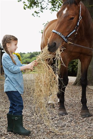 Girl (5-6) feeding horse hay, outdoors Stock Photo - Premium Royalty-Free, Code: 693-03308401