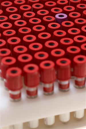 Test tubes with red lids surrounding one with purple lid Stock Photo - Premium Royalty-Free, Code: 693-03302285