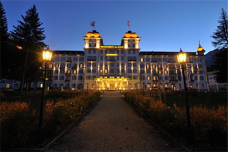 engadin - Kempinski Grand Hotel des Bains at Dusk, St. Moritz, Engadin, Canton of Graubunden, Switzerland Stock Photo - Rights-Managed, Code: 700-05524306