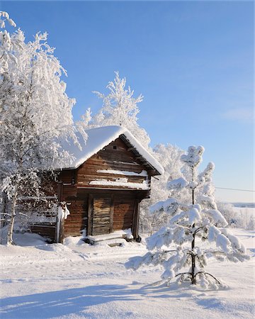 Cabane en rondins en hiver, Kuusamo, Ostrobotnie du Nord, Finlande Photographie de stock - Rights-Managed, Code: 700-05609979