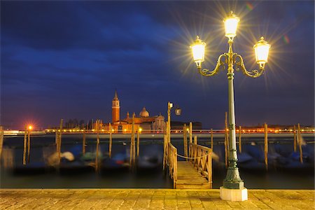 european waterfront - Gondolas and Grand Canal at Night, Venice, Veneto, Italy Stock Photo - Rights-Managed, Code: 700-06009353