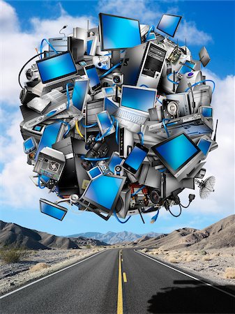 smartphone not people not illustration not child not pill not teenager not senior - Sphere of Digital Devices Floating Above Desert Highway Stock Photo - Rights-Managed, Code: 700-06368080