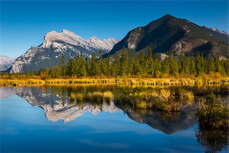 Mount Rundle and Sulphur Mountain Reflected in Vermilion Lakes in Autumn, near Banff, Banff National Park, Alberta, Canada Stock Photo - Rights-Managed, Code: 700-06465467
