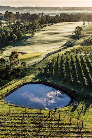 fuente de agua - Aerial view of a golf course and vineyards in wine country near Pokolbin, Hunter Valley, New South Wales, Australia Photographie de stock - Rights-Managed, Code: 700-06675098