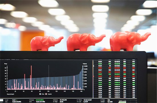 view of computer monitor with financial data and toy elephants Stock Photo - Premium Rights-Managed, Artist: Andrew Kolb, Image code: 700-06679313