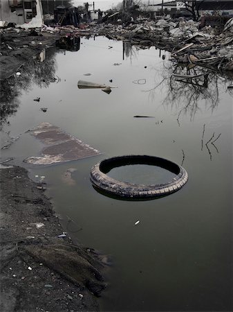 environmental pollution - Old tyre in puddle in burnt out wasteland, Saint Denis, France Foto de stock - Con derechos protegidos, Código: 700-06808744