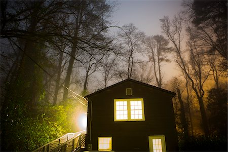 planmäßig - Glowing Foggy Trees over House with Lights On at Night, Macon, Georgia, USA Stockbilder - Lizenzpflichtiges, Bildnummer: 700-06808902
