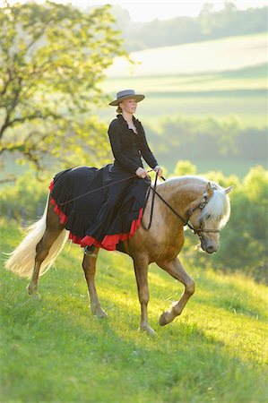 people horse riding - Woman Wearing Dress Riding a Connemara Stallion on a Meadow, Germany Stock Photo - Rights-Managed, Code: 700-06900024