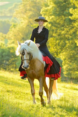 reiterin - Woman Wearing Dress Riding a Connemara Stallion on a Meadow, Germany Stockbilder - Lizenzpflichtiges, Bildnummer: 700-06900026