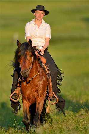 riding horse - Portrait of woman riding a Connemara stallion on a meadow, Germany Stock Photo - Rights-Managed, Code: 700-06900027